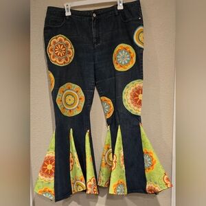 Floral Flare Jeans with Colorful Patterns- Upcycled